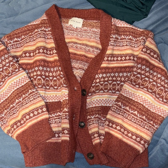 Pink Rose Sweaters - Pink Rose Womens Rust & Cream Striped Fair Isle Cardigan